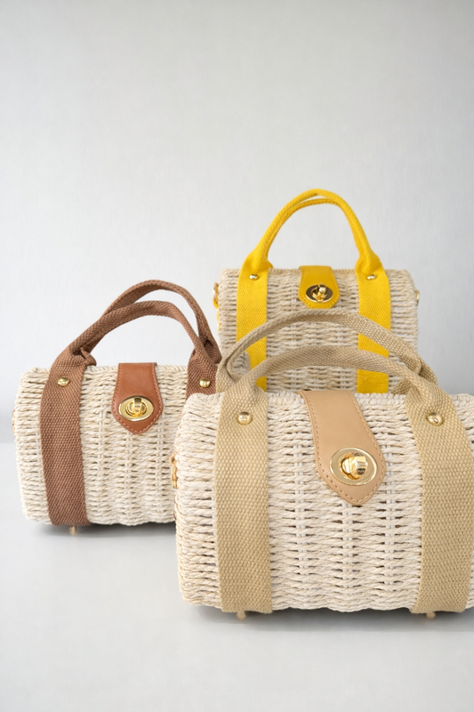 Leather Strap Accent Braided Hand Bag