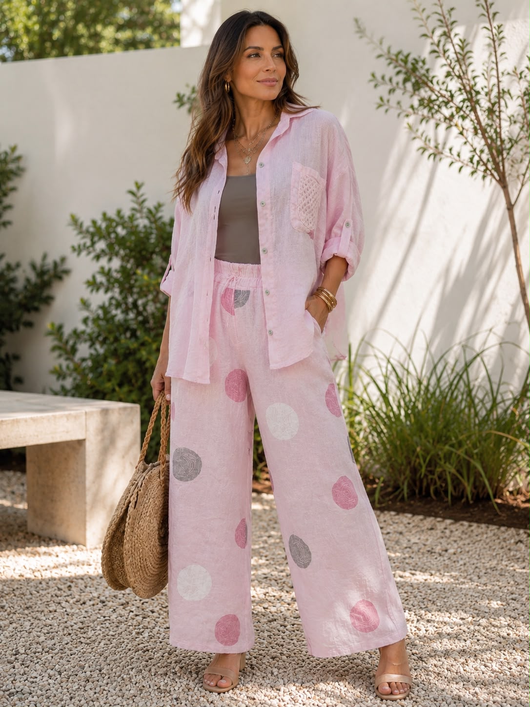 POLKA DETAIL LINEN PANT SET